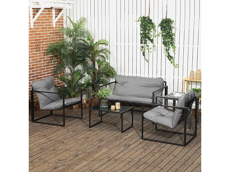 Salon de jardin 4 personnes - 4 pièces, 3 coussins - acier époxy noir polyester gris