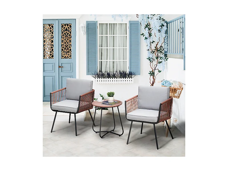 Ensemble bistro de jardin 2 places 3 pièces style contemporain coussins gris acier époxy noir résine filaire aspect rotin