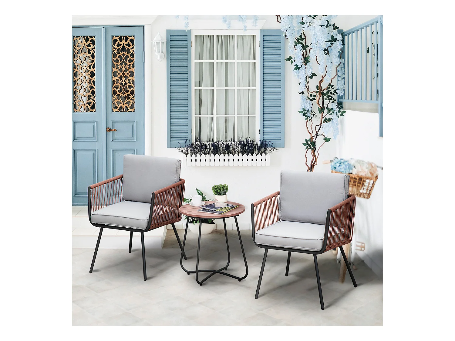 Ensemble bistro de jardin 2 places 3 pièces style contemporain coussins gris acier époxy noir résine filaire aspect rotin