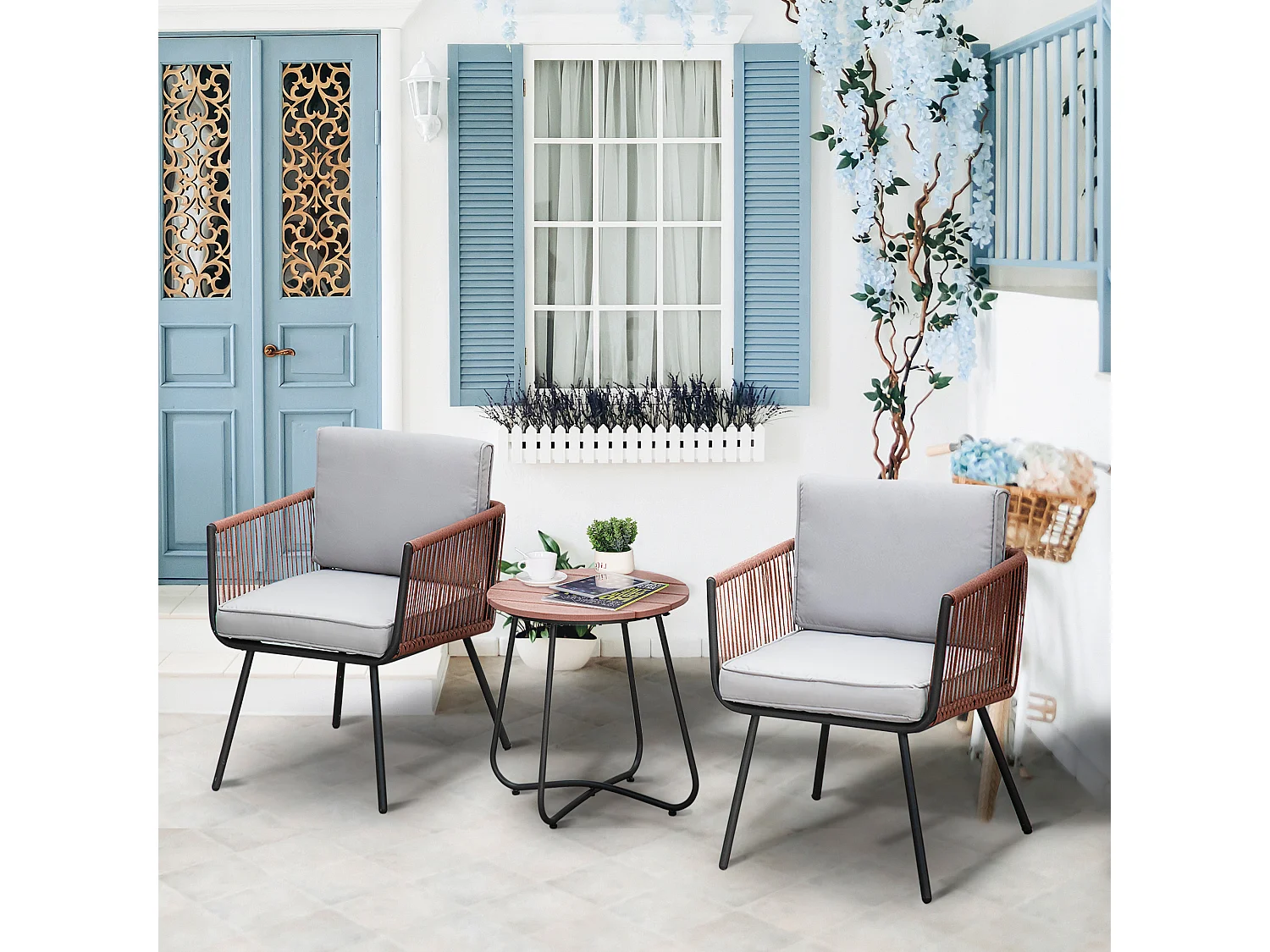 Ensemble bistro de jardin 2 places 3 pièces style contemporain coussins gris acier époxy noir résine filaire aspect rotin