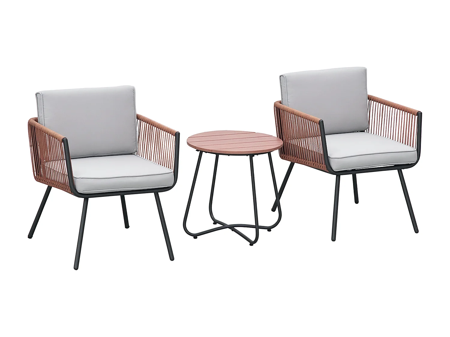 Ensemble bistro de jardin 2 places 3 pièces style contemporain coussins gris acier époxy noir résine filaire aspect rotin