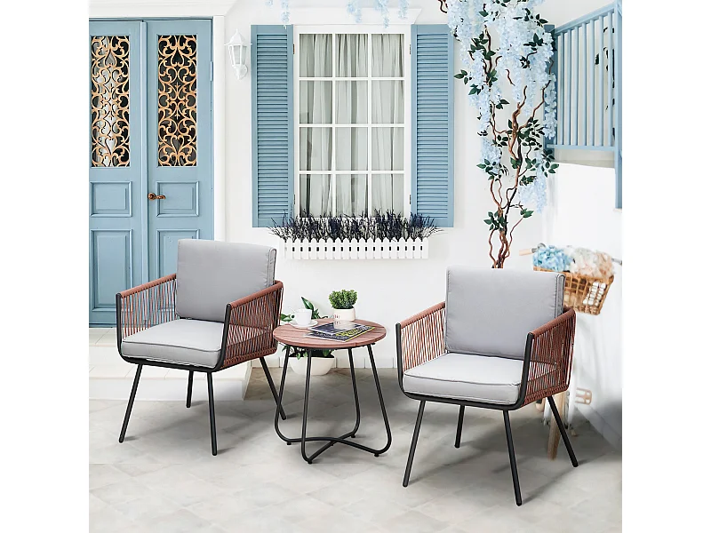 Ensemble bistro de jardin 2 places 3 pièces style contemporain coussins gris acier époxy noir résine filaire aspect rotin