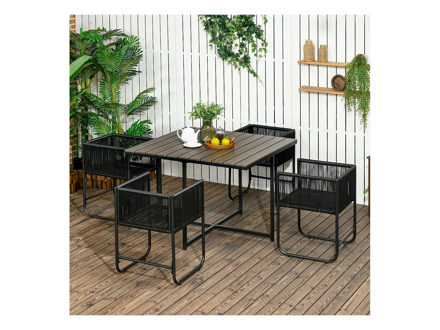 Ensemble salon de jardin encastrable 4 personnes 5 pièces - coussins déhoussables - métal résine filaire noir gris