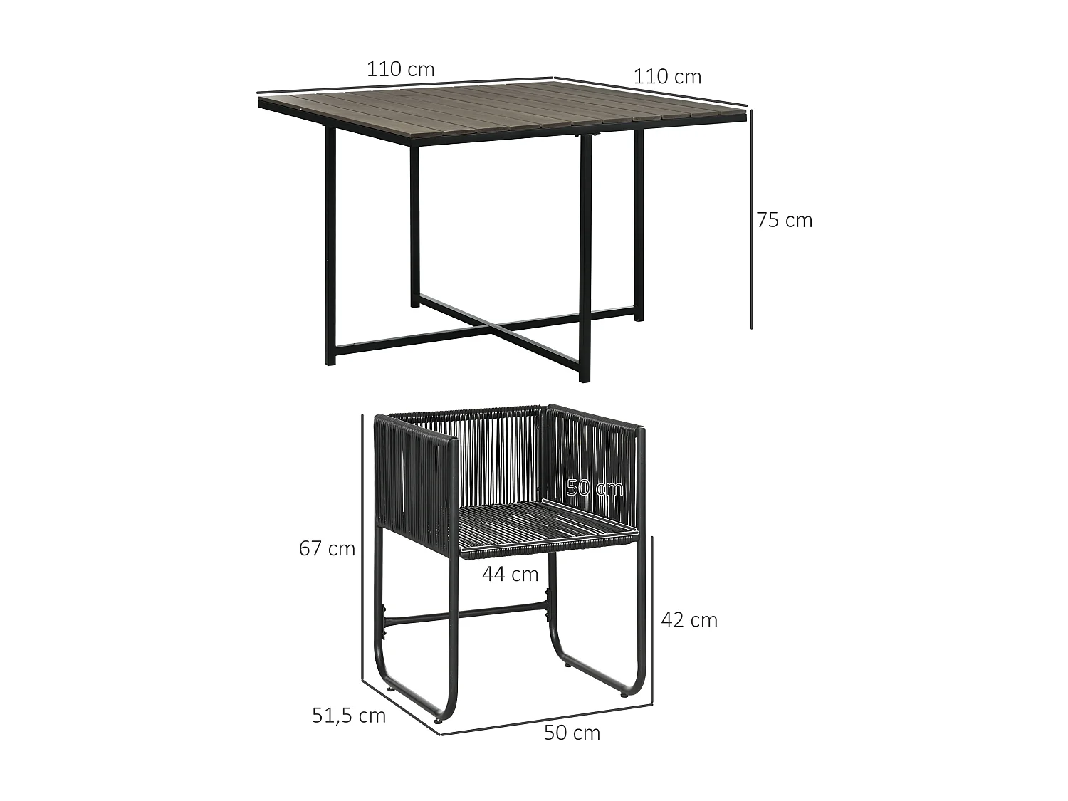 Ensemble salon de jardin encastrable 4 personnes 5 pièces - coussins déhoussables - métal résine filaire noir gris