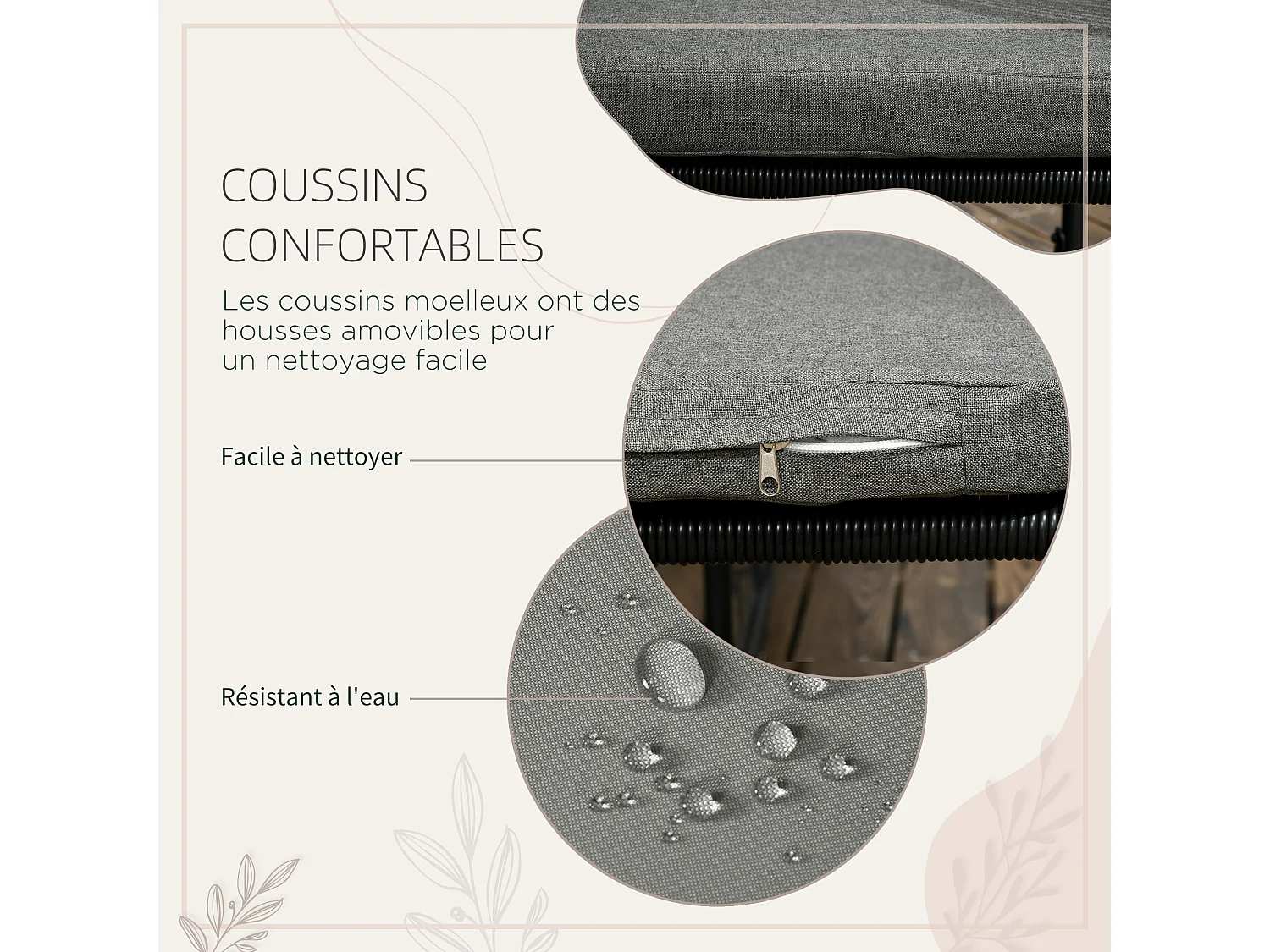 Ensemble salon de jardin encastrable 4 personnes 5 pièces - coussins déhoussables - métal résine filaire noir gris