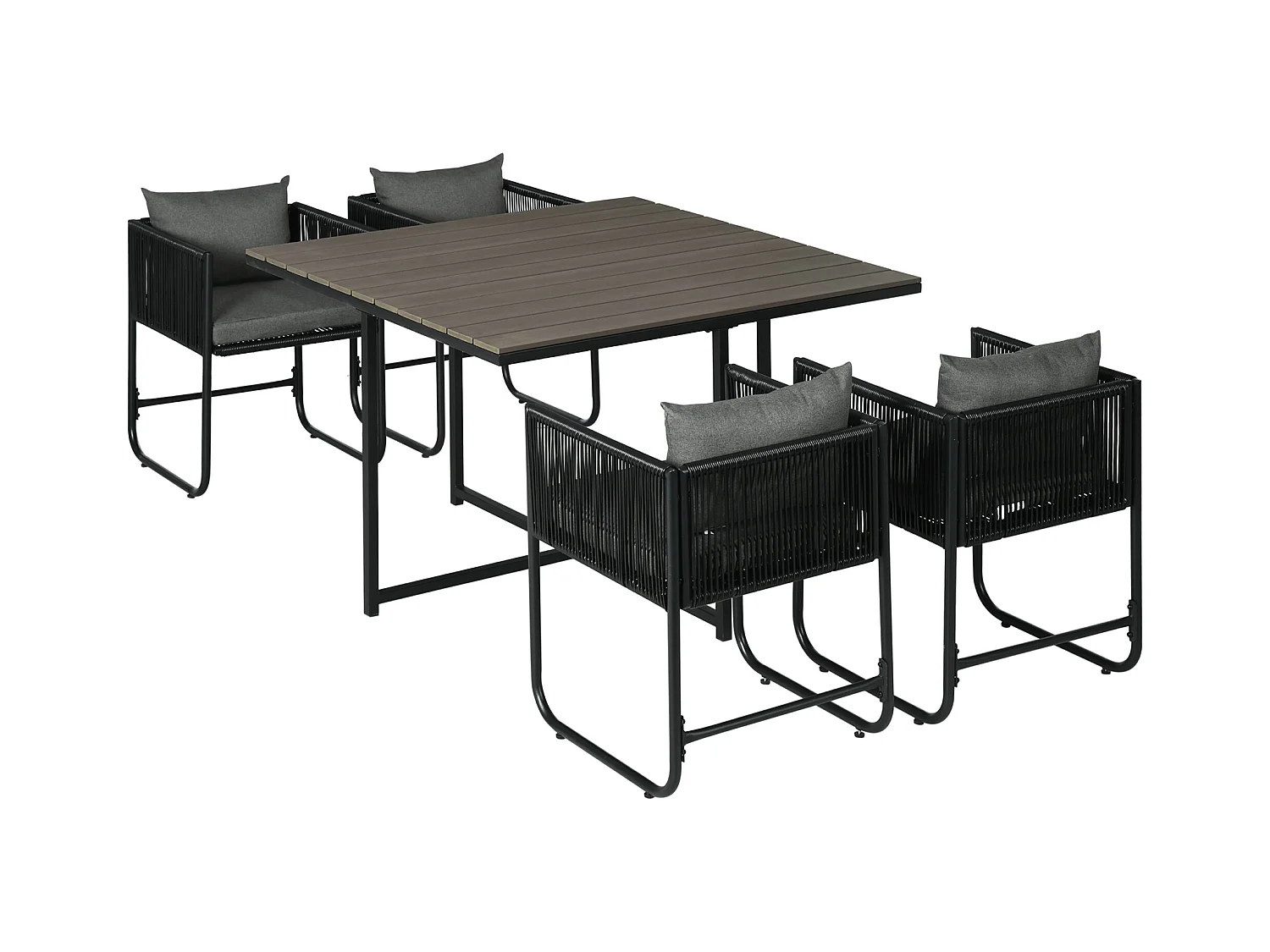 Ensemble salon de jardin encastrable 4 personnes 5 pièces - coussins déhoussables - métal résine filaire noir gris
