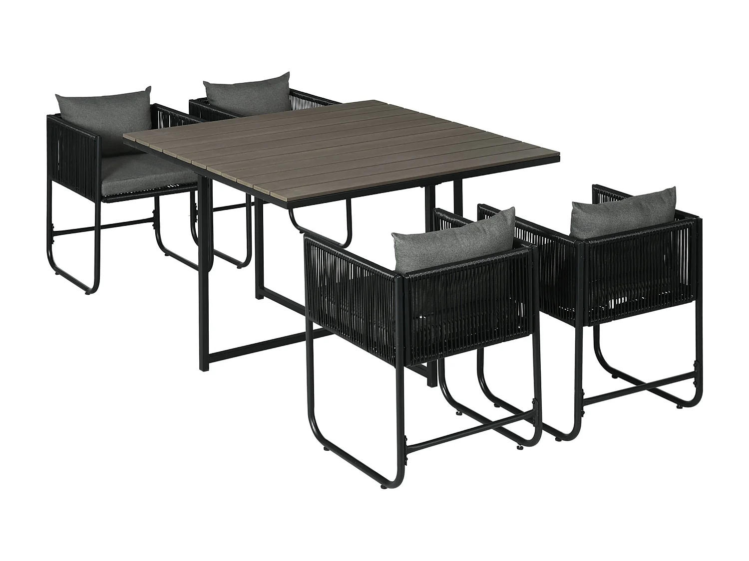 Ensemble salon de jardin encastrable 4 personnes 5 pièces - coussins déhoussables - métal résine filaire noir gris