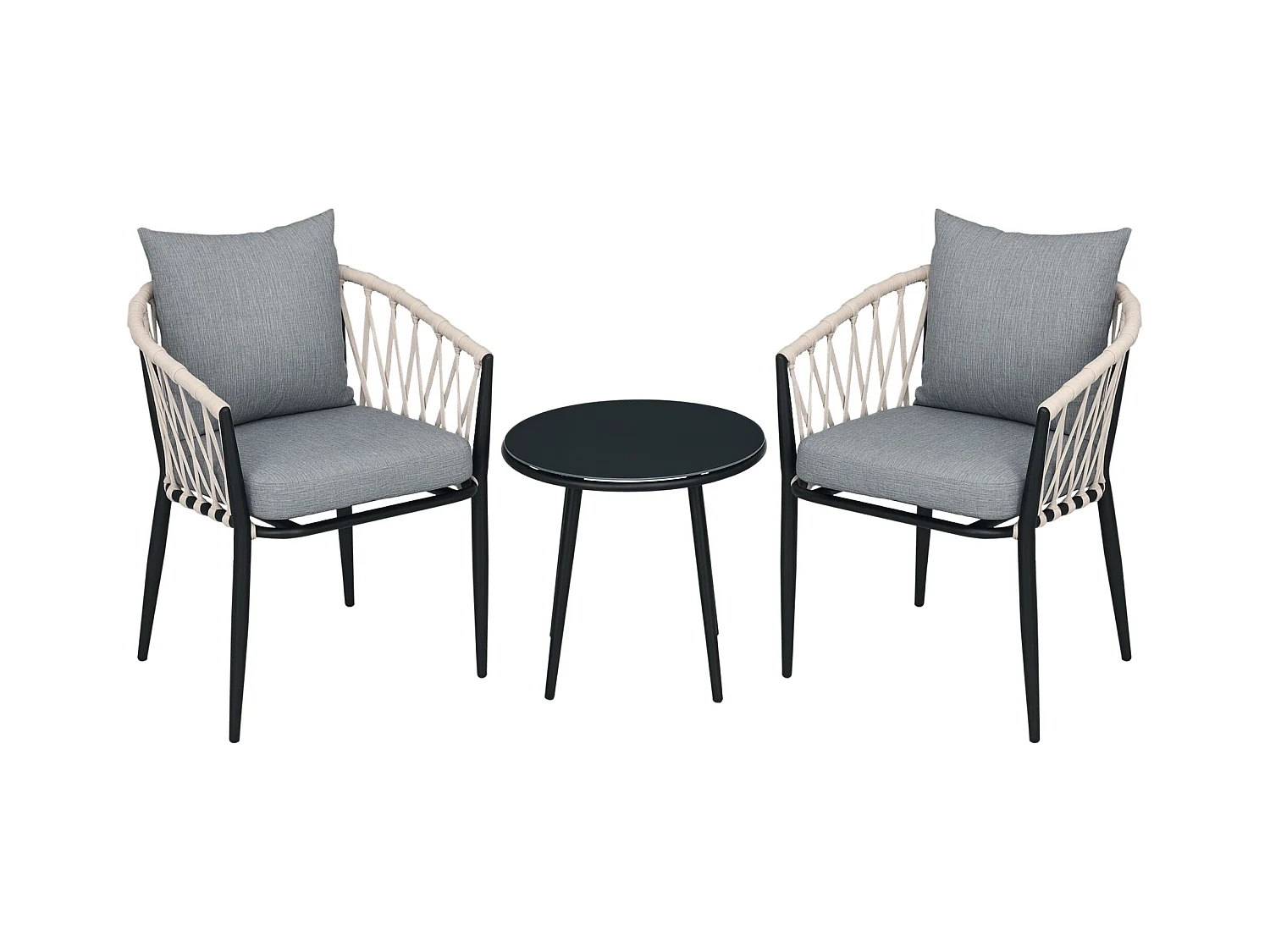 Salon de jardin 2 personnes 3 pièces 2 fauteuils avec coussins table basse ronde plateau verre trempé corde tressée métal gris
