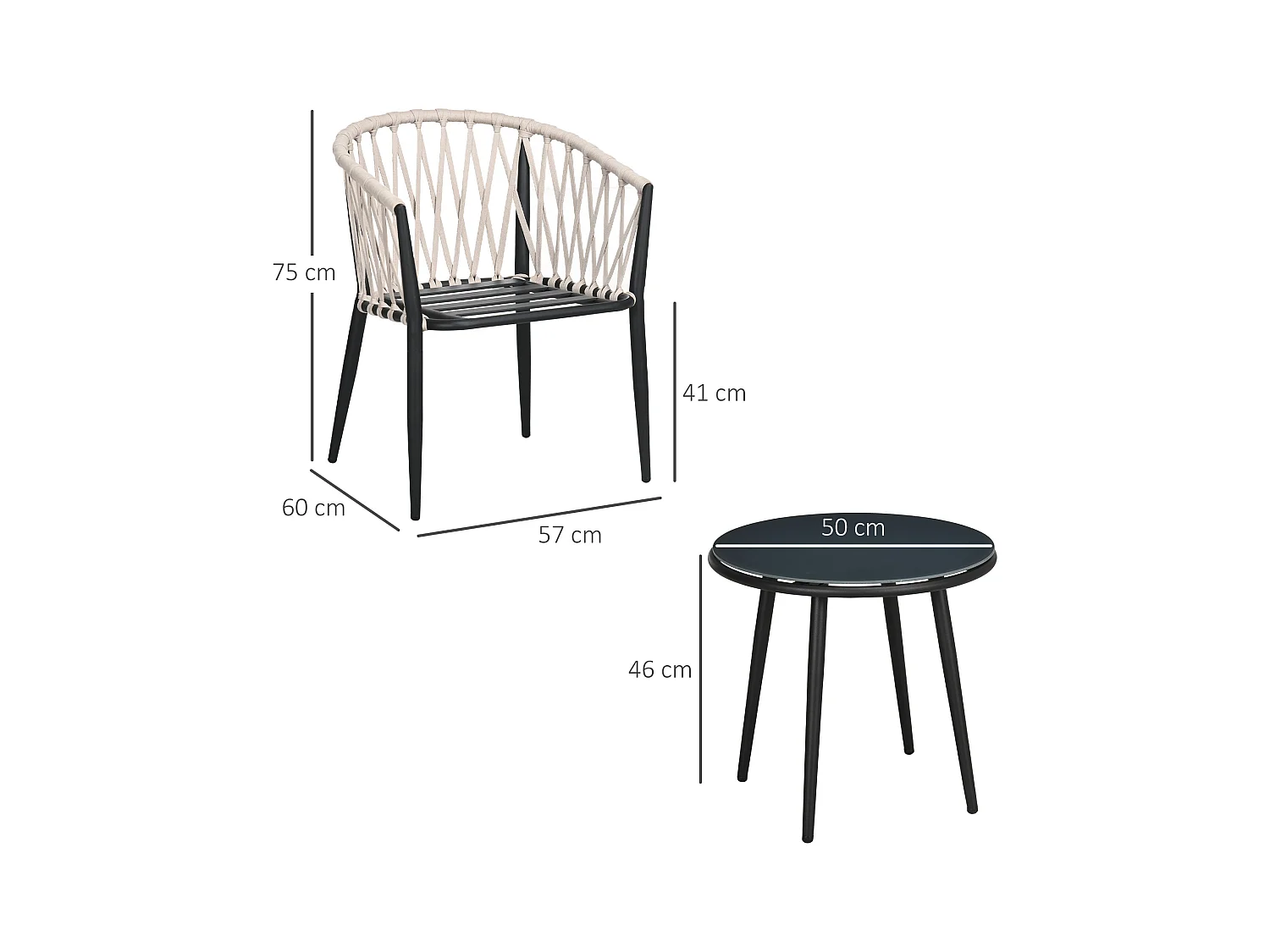 Salon de jardin 2 personnes 3 pièces 2 fauteuils avec coussins table basse ronde plateau verre trempé corde tressée métal gris