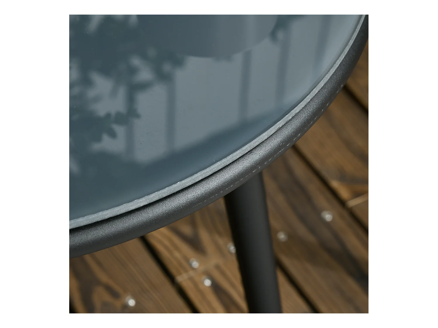 Salon de jardin 2 personnes 3 pièces 2 fauteuils avec coussins table basse ronde plateau verre trempé corde tressée métal gris