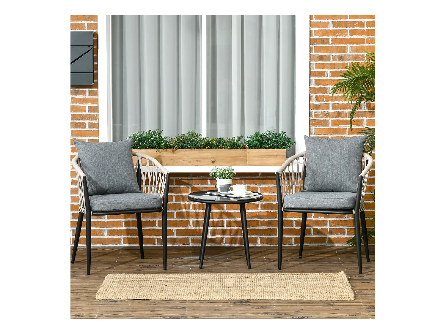 Salon de jardin 2 personnes 3 pièces 2 fauteuils avec coussins table basse ronde plateau verre trempé corde tressée métal gris