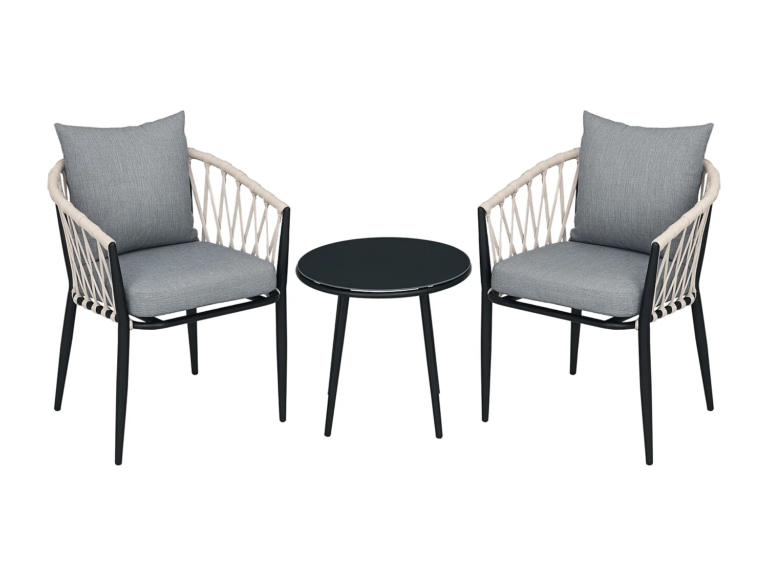 Salon de jardin 2 personnes 3 pièces 2 fauteuils avec coussins table basse ronde plateau verre trempé corde tressée métal gris