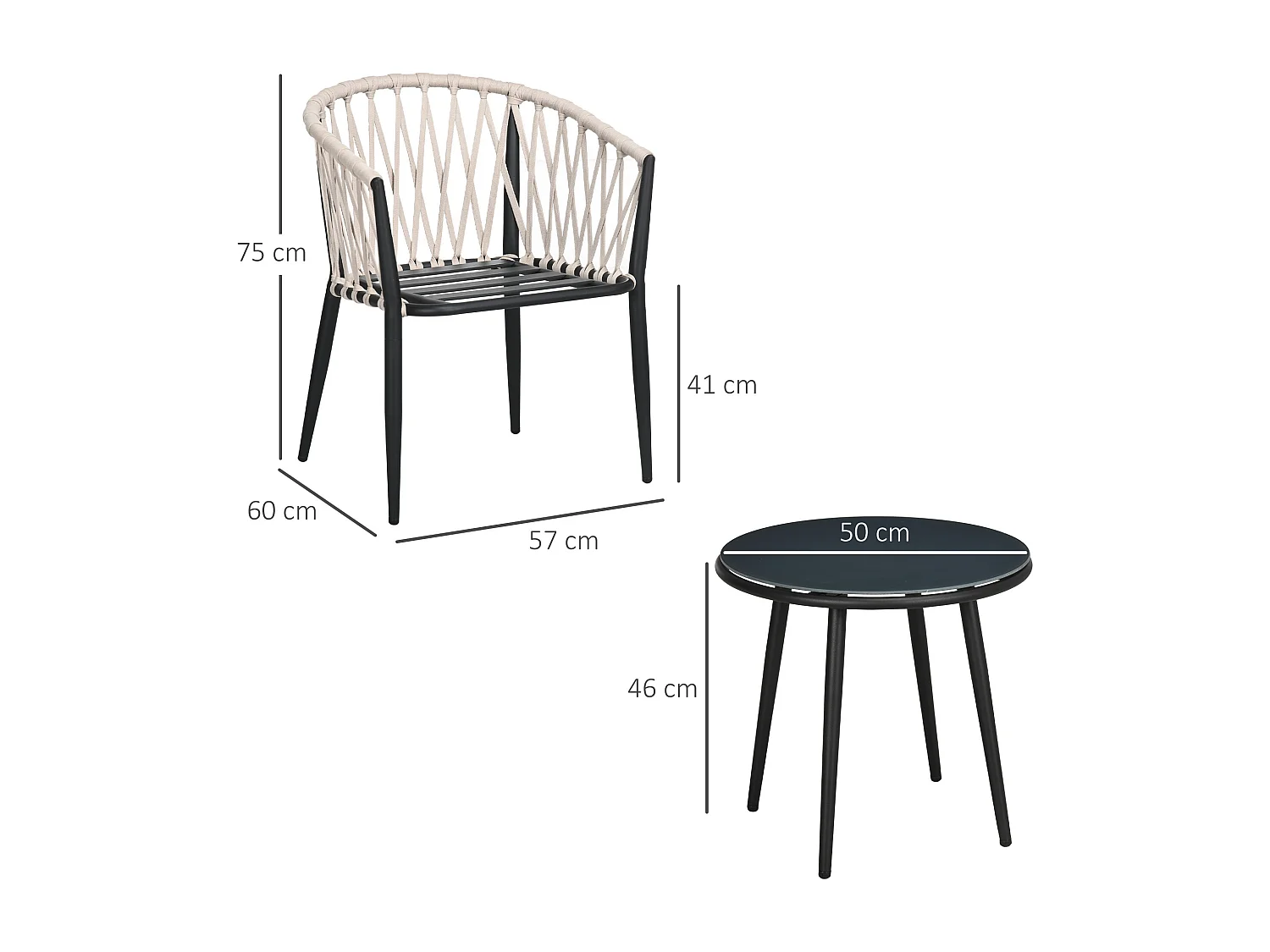 Salon de jardin 2 personnes 3 pièces 2 fauteuils avec coussins table basse ronde plateau verre trempé corde tressée métal gris