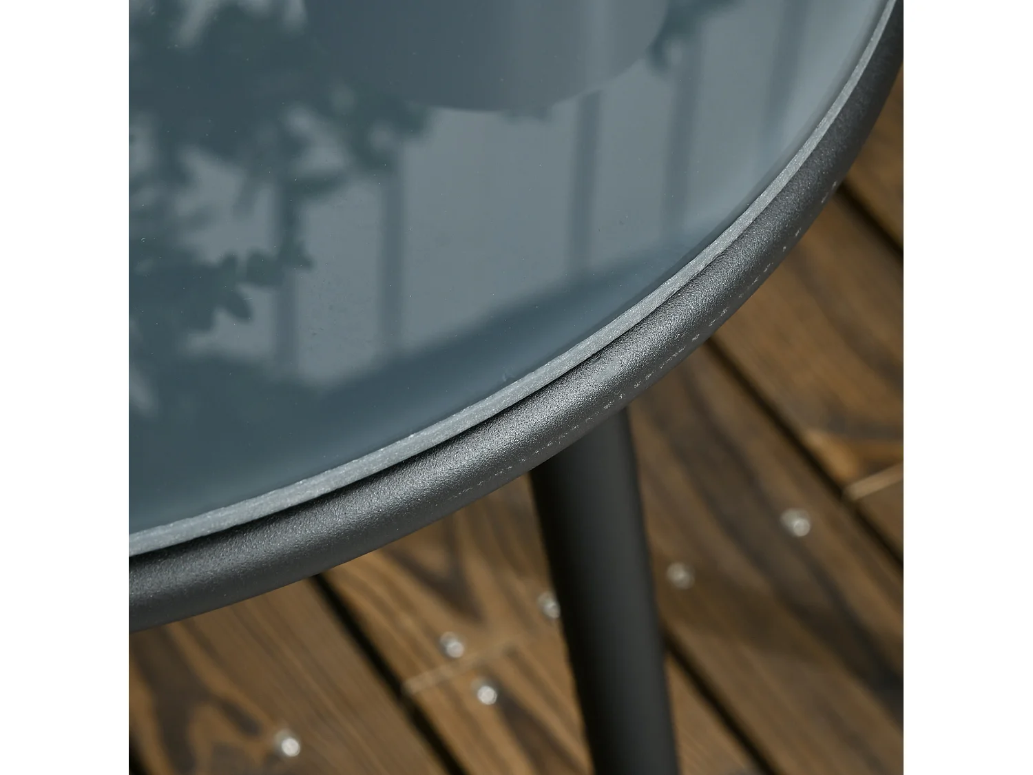 Salon de jardin 2 personnes 3 pièces 2 fauteuils avec coussins table basse ronde plateau verre trempé corde tressée métal gris