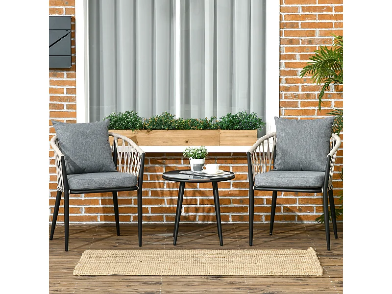 Salon de jardin 2 personnes 3 pièces 2 fauteuils avec coussins table basse ronde plateau verre trempé corde tressée métal gris