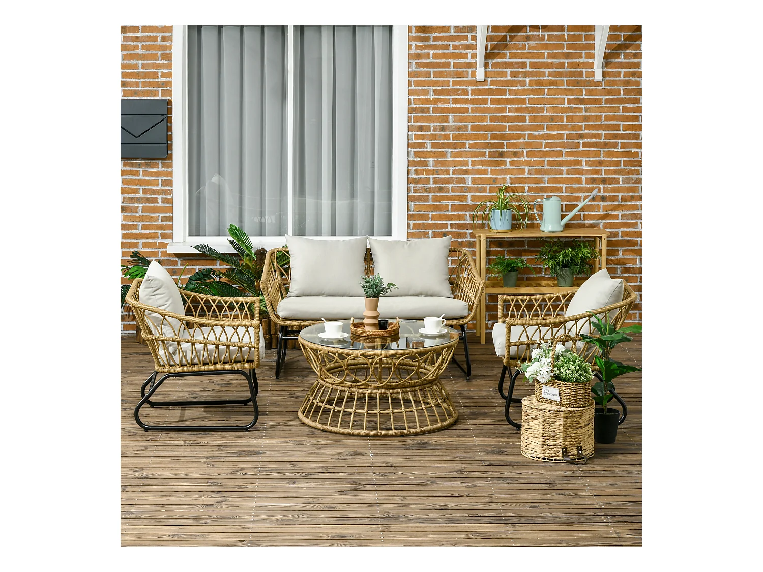 Salon de jardin 4 places 4 pièces 7 coussins inclus acier époxy résine tressée beige