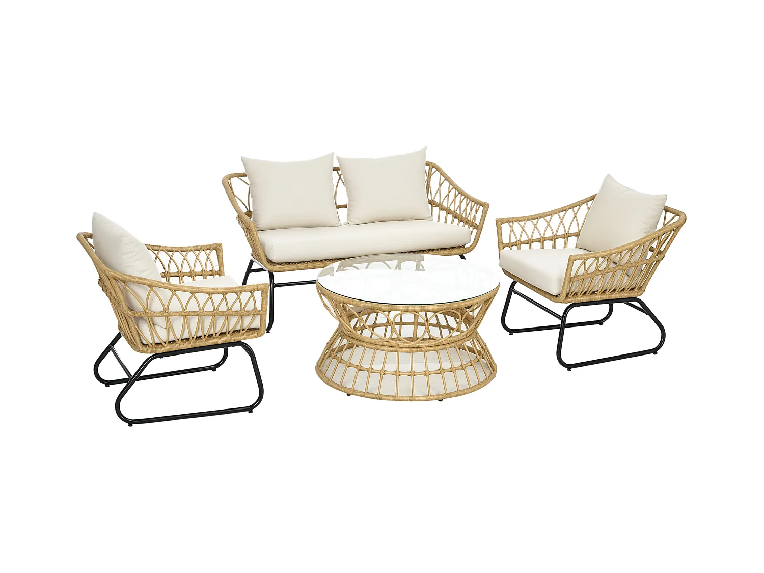 Salon de jardin 4 places 4 pièces 7 coussins inclus acier époxy résine tressée beige