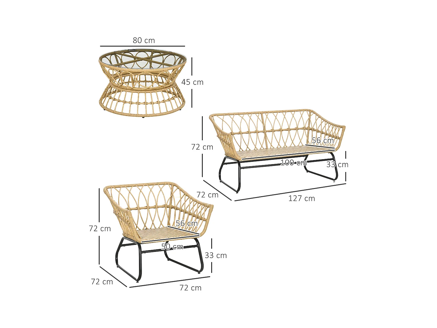 Salon de jardin 4 places 4 pièces 7 coussins inclus acier époxy résine tressée beige