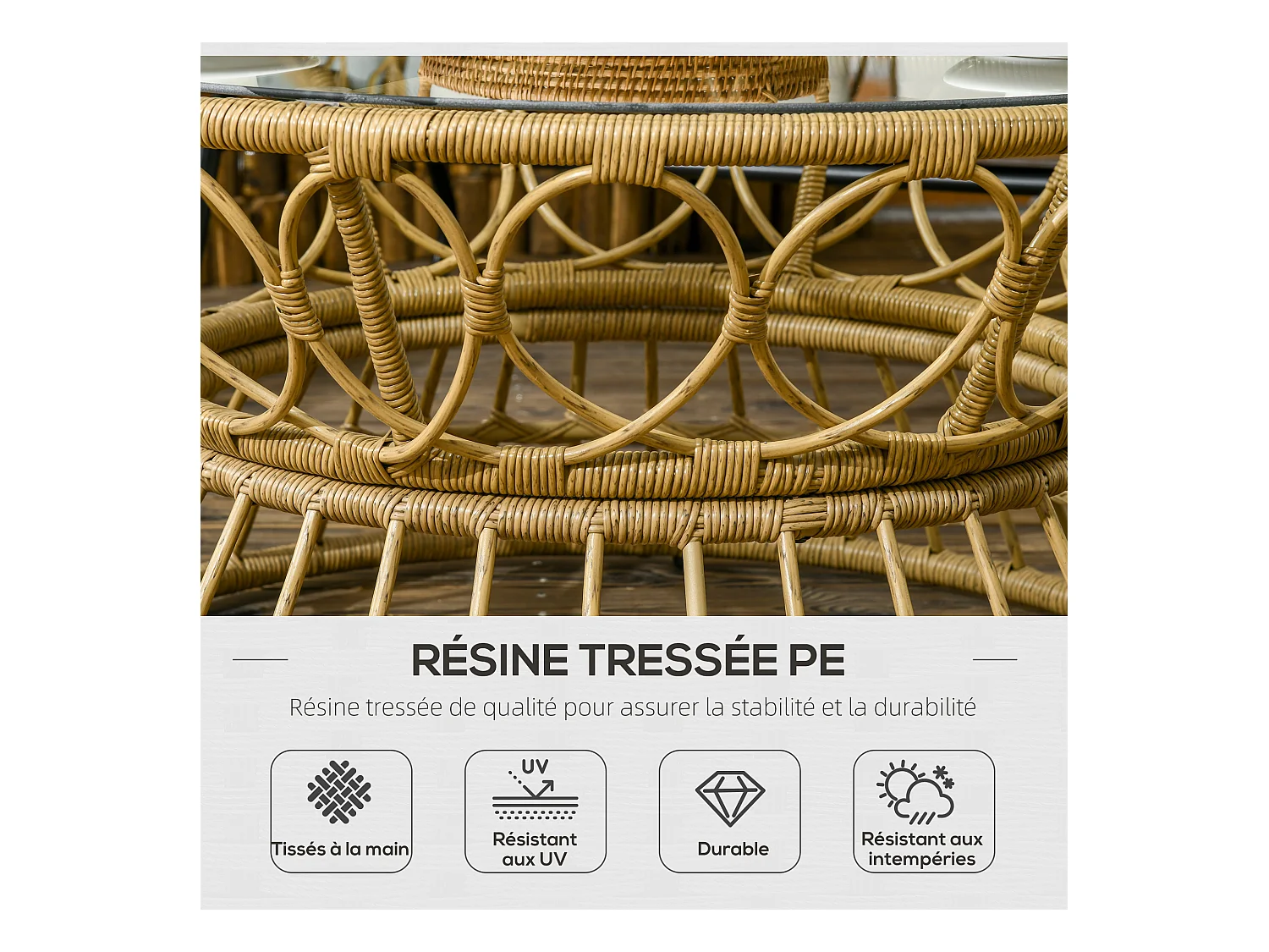 Salon de jardin 4 places 4 pièces 7 coussins inclus acier époxy résine tressée beige