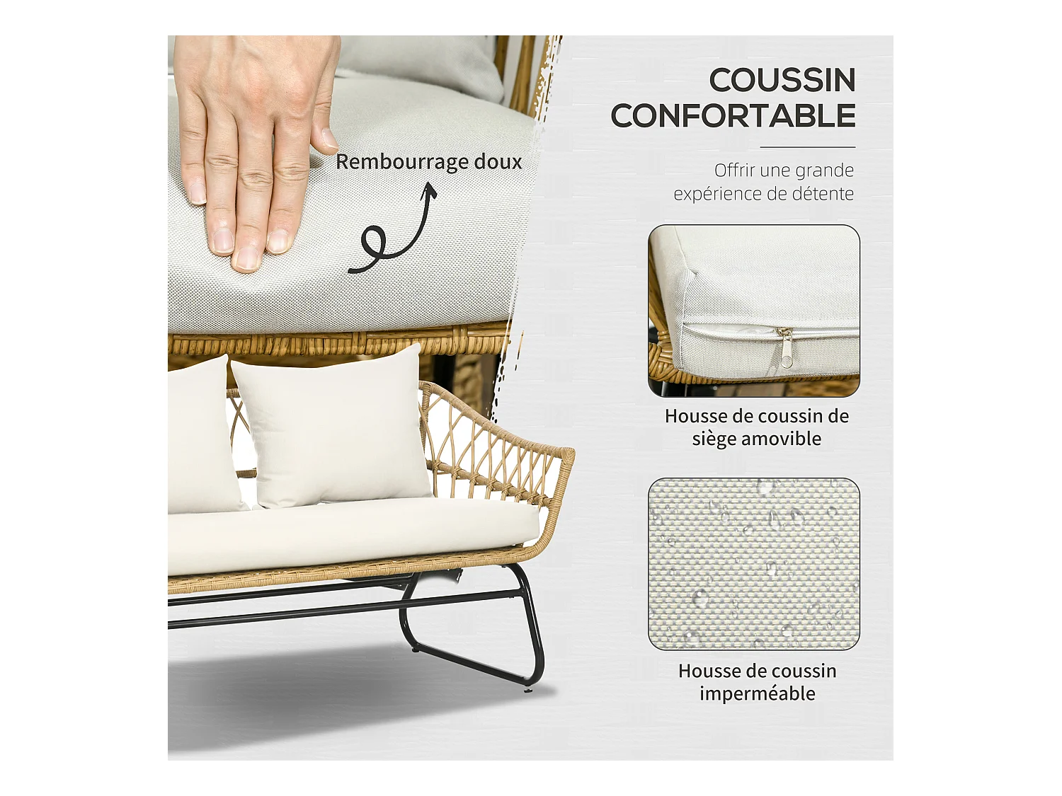 Salon de jardin 4 places 4 pièces 7 coussins inclus acier époxy résine tressée beige