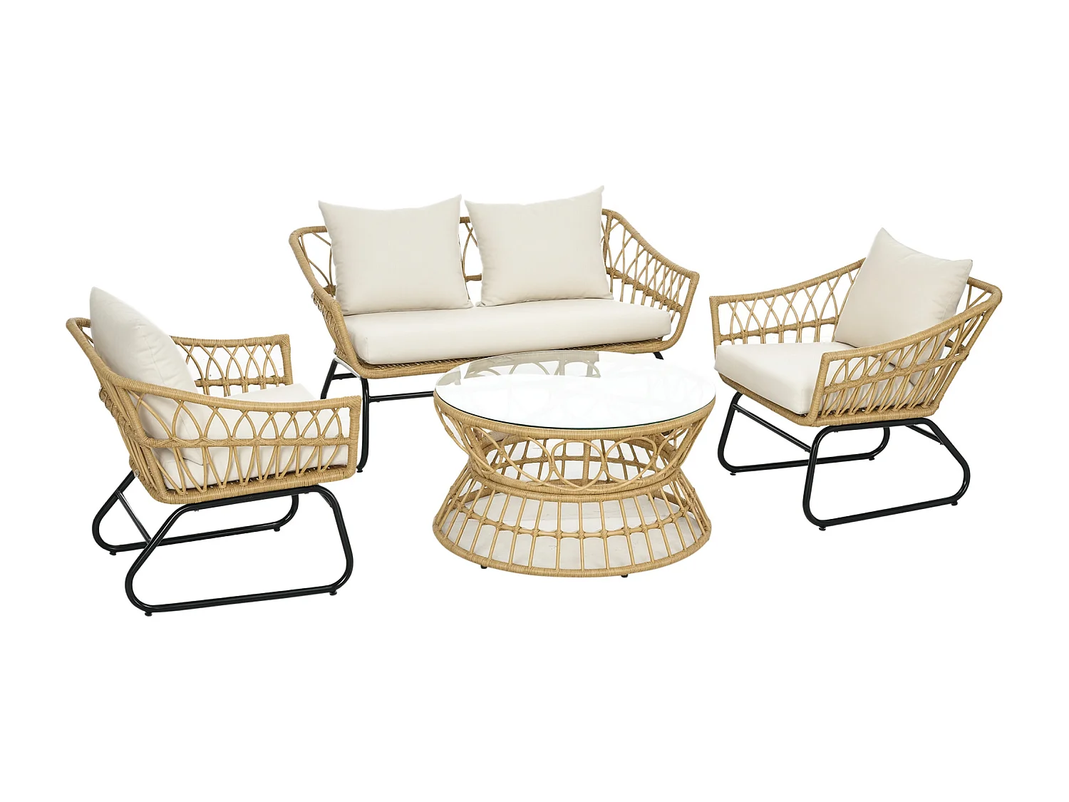 Salon de jardin 4 places 4 pièces 7 coussins inclus acier époxy résine tressée beige