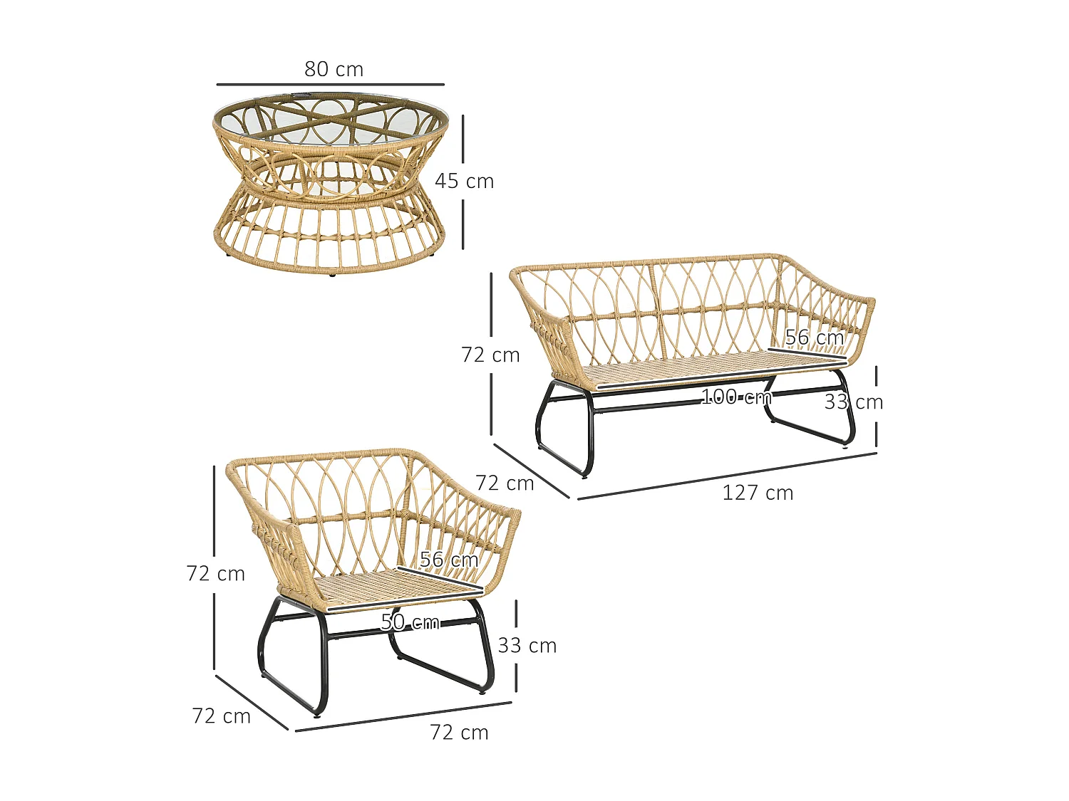 Salon de jardin 4 places 4 pièces 7 coussins inclus acier époxy résine tressée beige