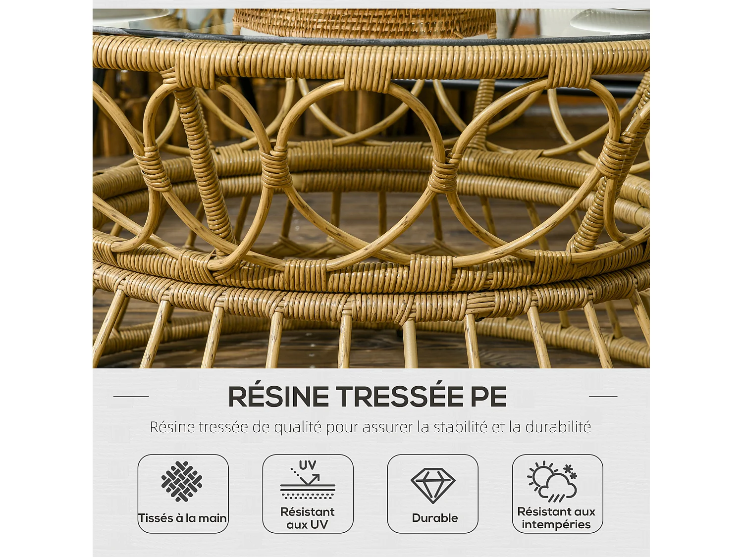 Salon de jardin 4 places 4 pièces 7 coussins inclus acier époxy résine tressée beige