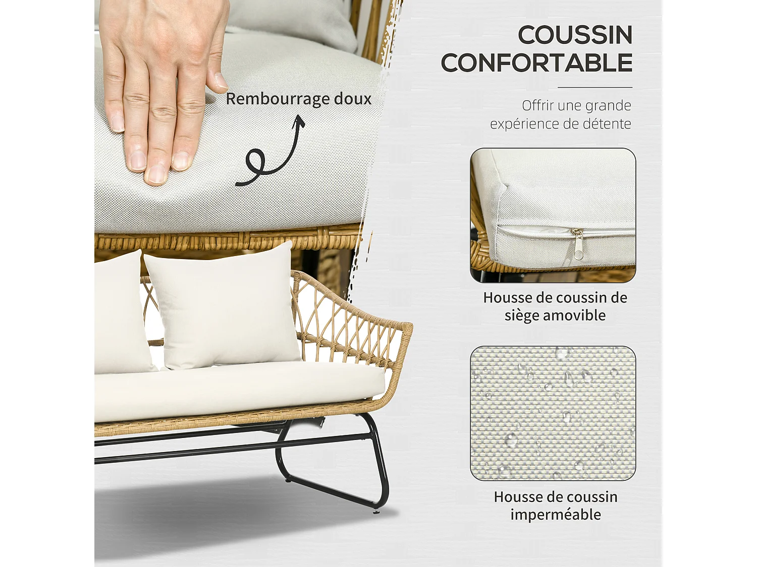 Salon de jardin 4 places 4 pièces 7 coussins inclus acier époxy résine tressée beige