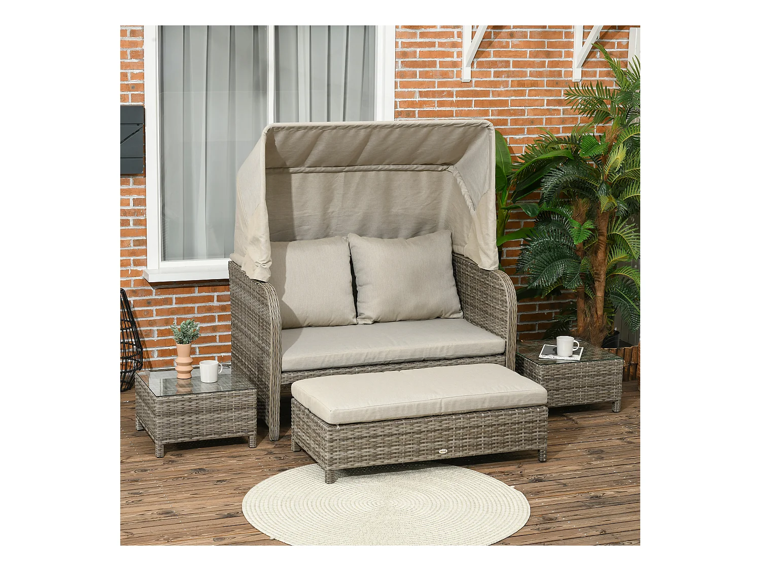 Ensemble salon de jardin 2 places 4 pcs - canapé, repose-pieds, 2 tables basses - coussins inclus - résine grise polyester kaki