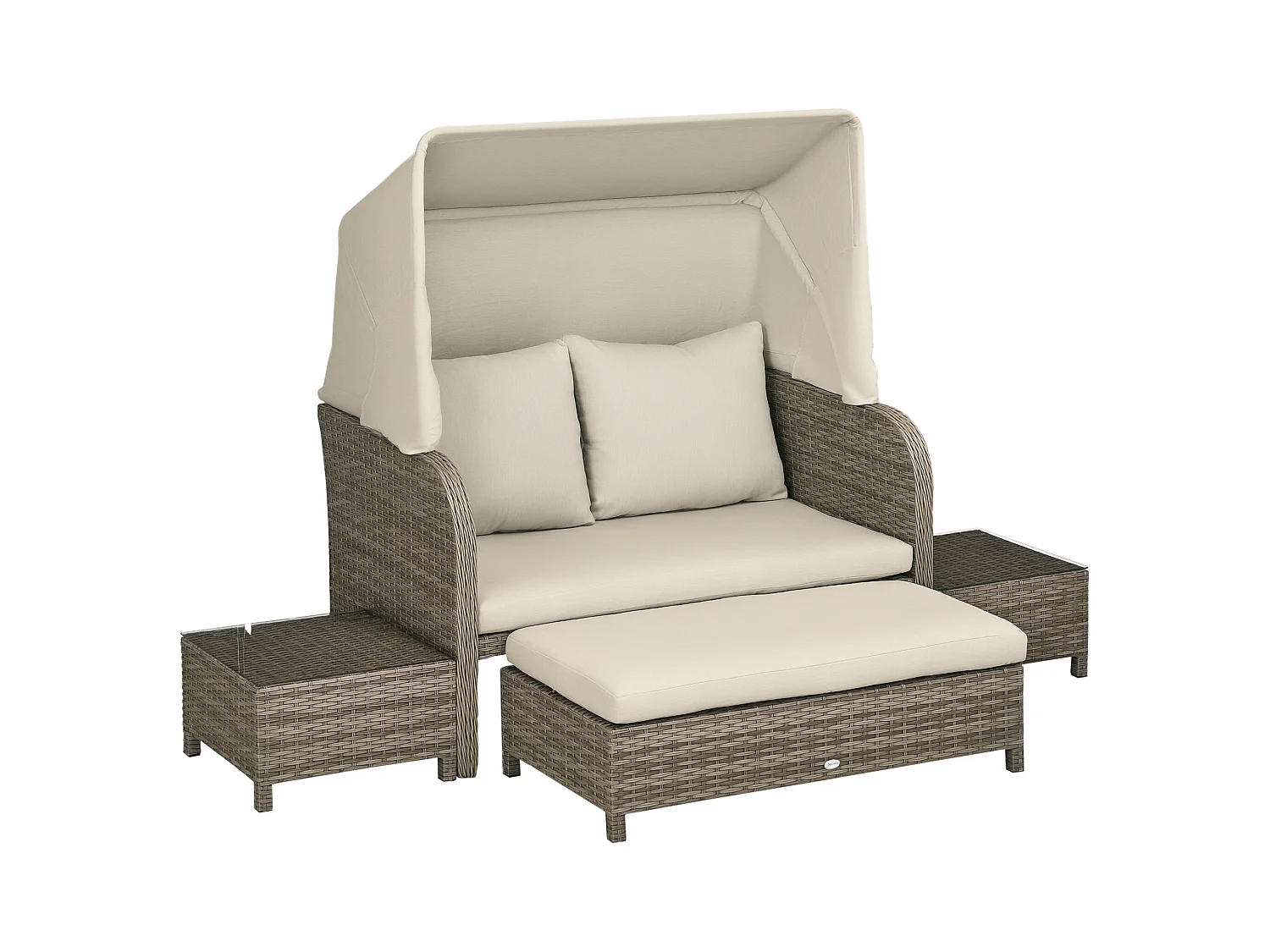 Ensemble salon de jardin 2 places 4 pcs - canapé, repose-pieds, 2 tables basses - coussins inclus - résine grise polyester kaki