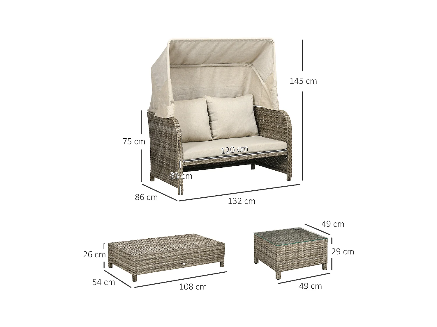 Ensemble salon de jardin 2 places 4 pcs - canapé, repose-pieds, 2 tables basses - coussins inclus - résine grise polyester kaki