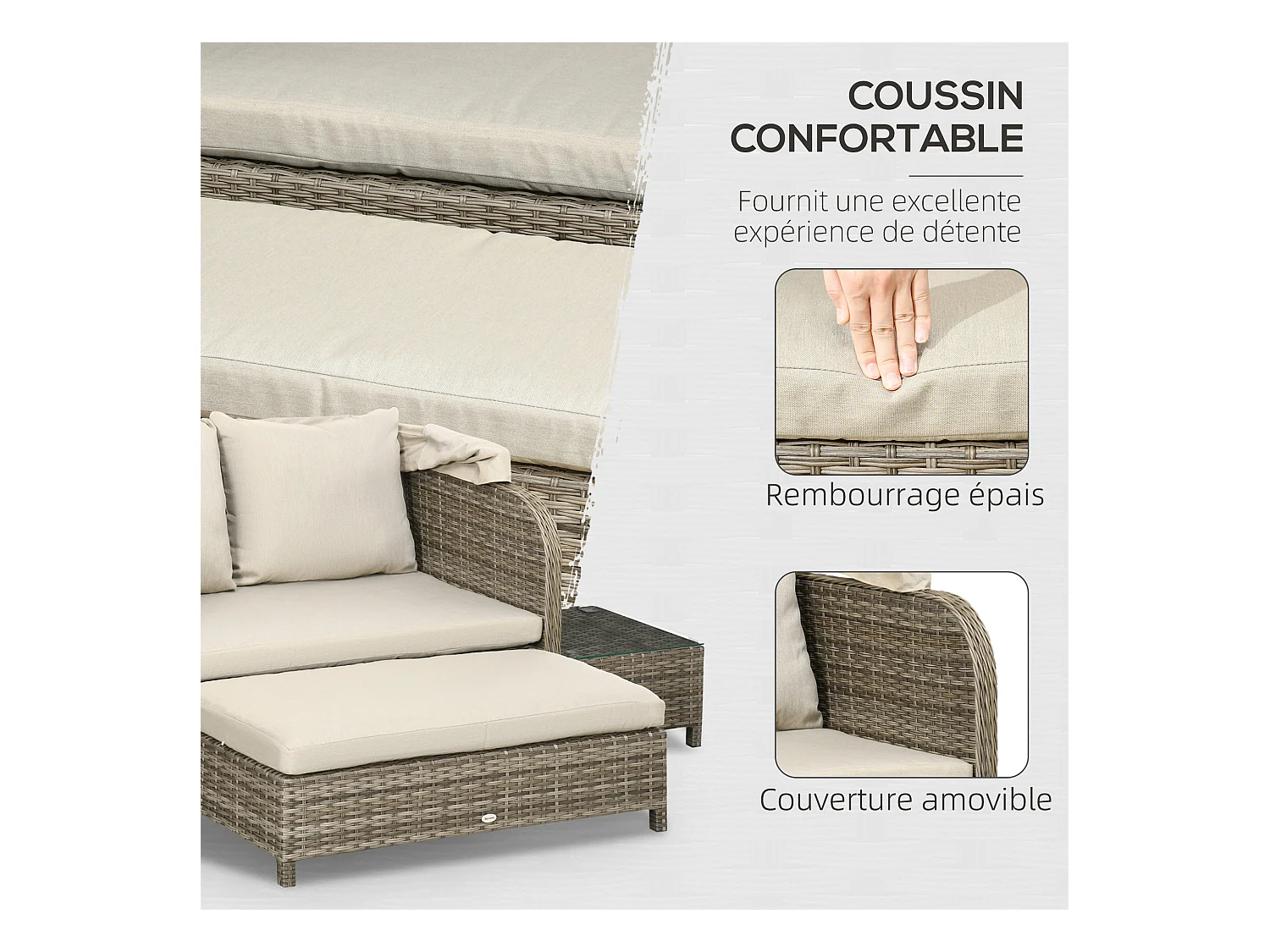 Ensemble salon de jardin 2 places 4 pcs - canapé, repose-pieds, 2 tables basses - coussins inclus - résine grise polyester kaki