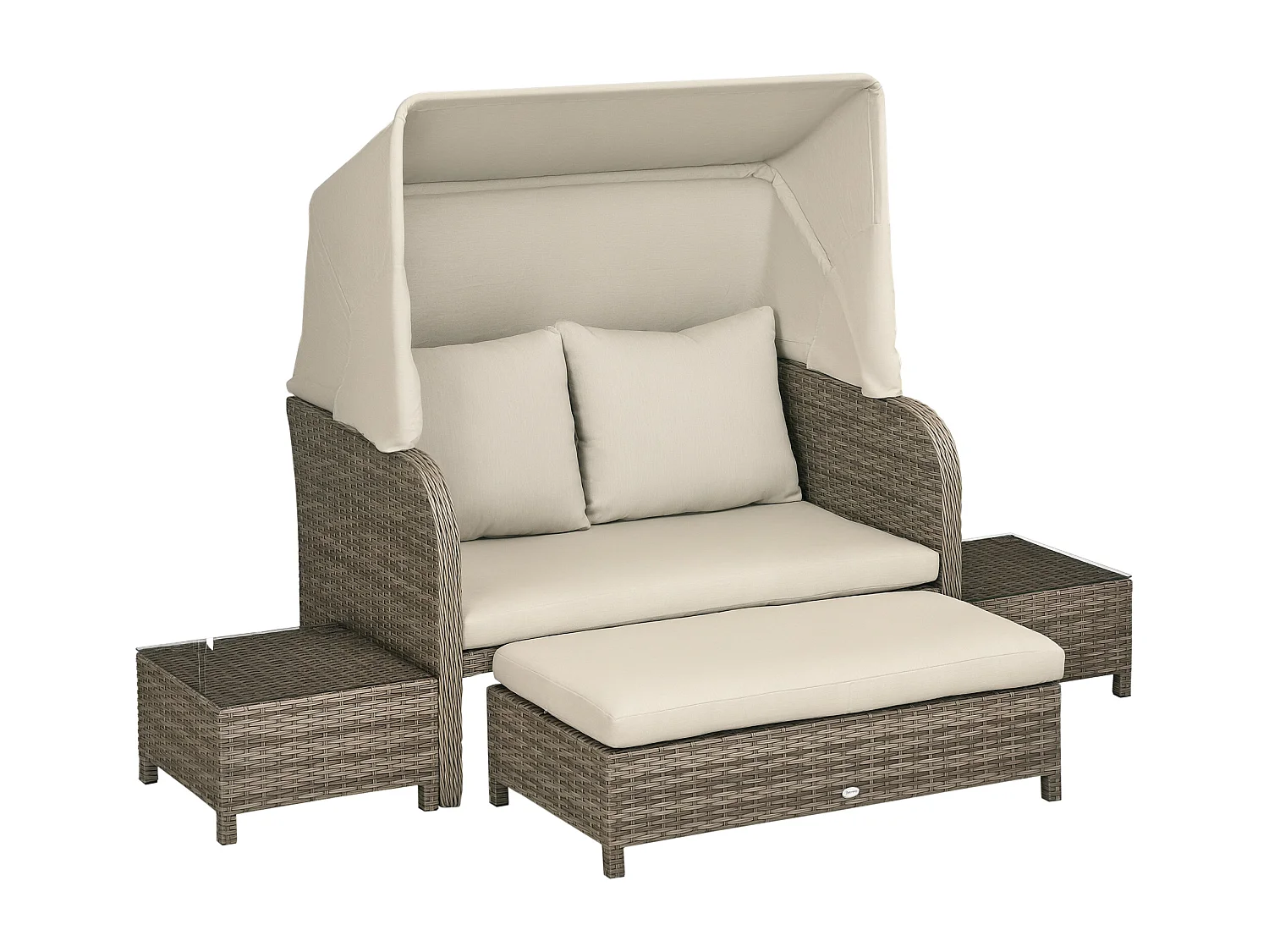 Ensemble salon de jardin 2 places 4 pcs - canapé, repose-pieds, 2 tables basses - coussins inclus - résine grise polyester kaki