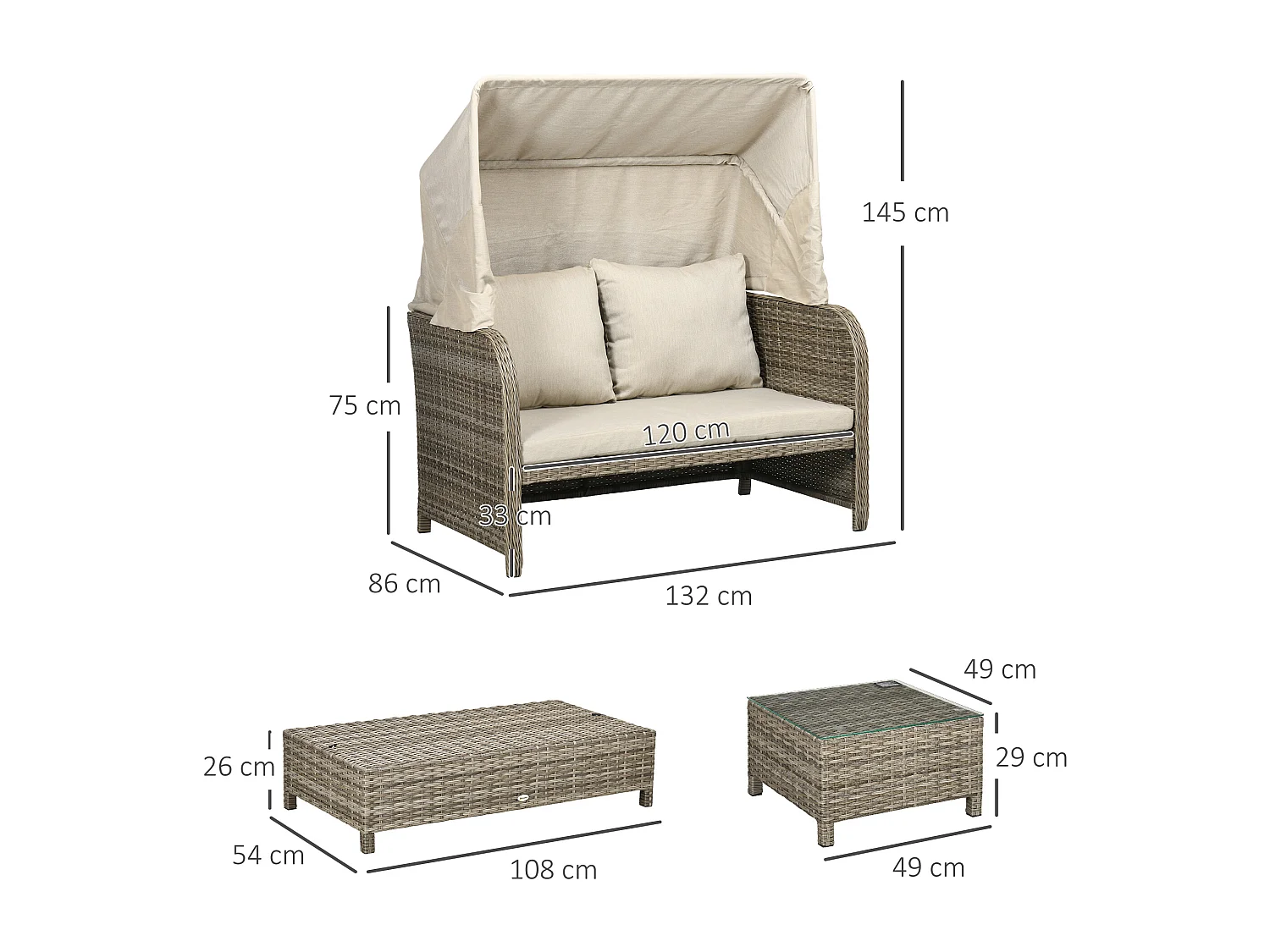 Ensemble salon de jardin 2 places 4 pcs - canapé, repose-pieds, 2 tables basses - coussins inclus - résine grise polyester kaki