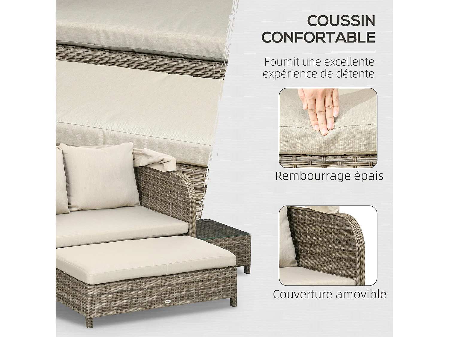 Ensemble salon de jardin 2 places 4 pcs - canapé, repose-pieds, 2 tables basses - coussins inclus - résine grise polyester kaki