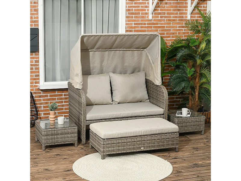 Ensemble salon de jardin 2 places 4 pcs - canapé, repose-pieds, 2 tables basses - coussins inclus - résine grise polyester kaki