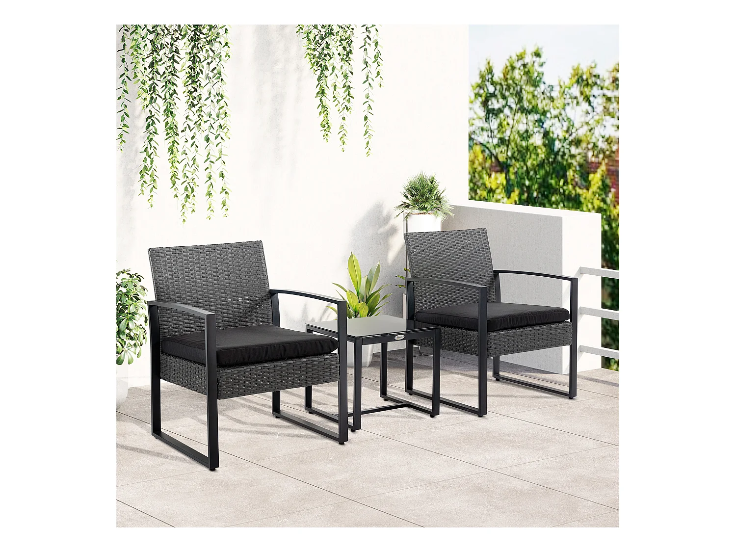 Salon de jardin 2 places 3 pièces 2 chaises avec coussins + table basse plateau verre trempé résine tressée aspect rotin noir