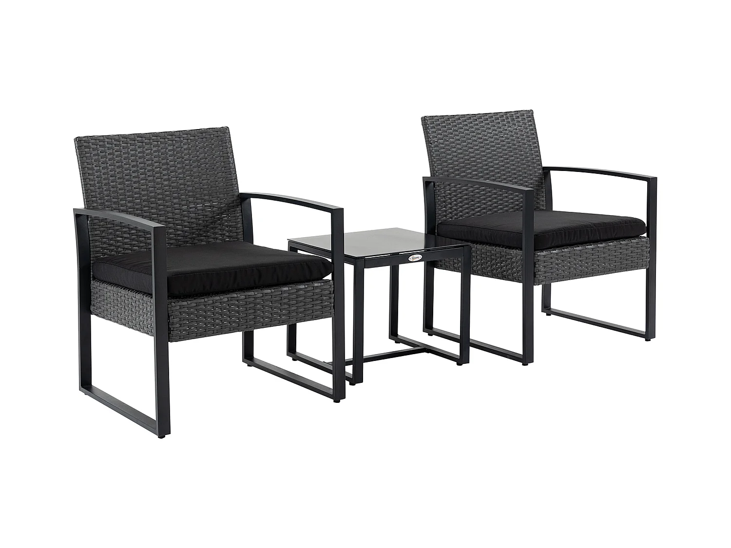 Salon de jardin 2 places 3 pièces 2 chaises avec coussins + table basse plateau verre trempé résine tressée aspect rotin noir