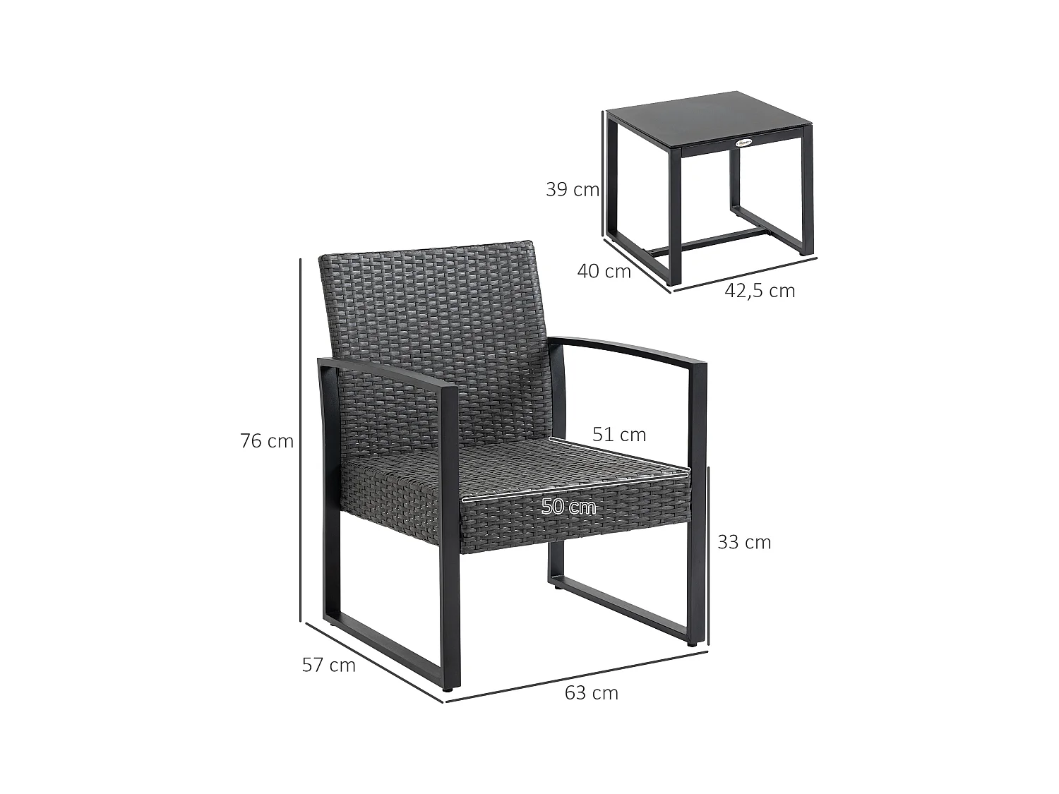 Salon de jardin 2 places 3 pièces 2 chaises avec coussins + table basse plateau verre trempé résine tressée aspect rotin noir