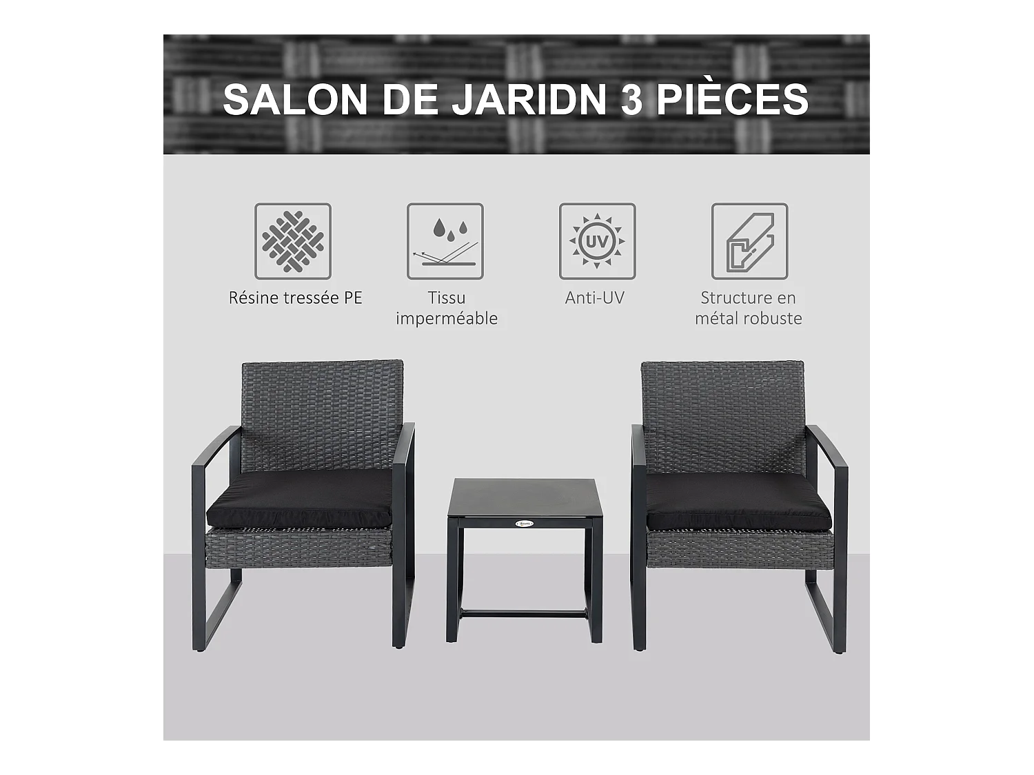 Salon de jardin 2 places 3 pièces 2 chaises avec coussins + table basse plateau verre trempé résine tressée aspect rotin noir