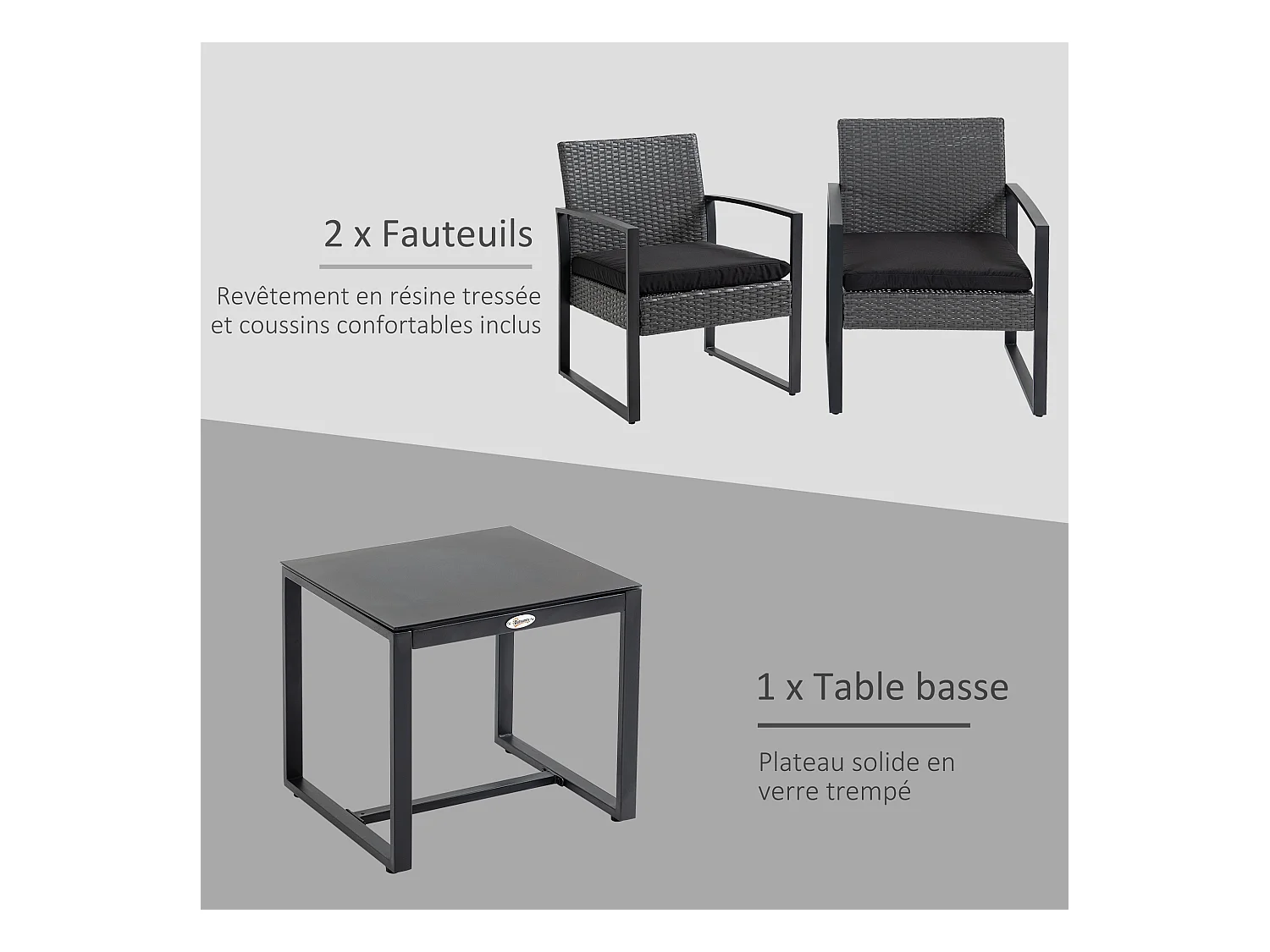 Salon de jardin 2 places 3 pièces 2 chaises avec coussins + table basse plateau verre trempé résine tressée aspect rotin noir