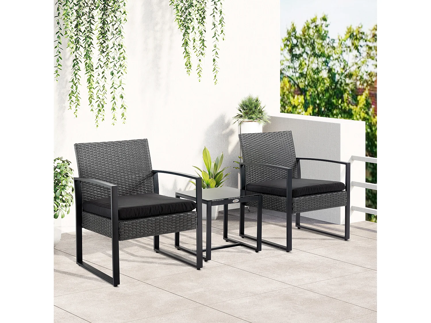 Salon de jardin 2 places 3 pièces 2 chaises avec coussins + table basse plateau verre trempé résine tressée aspect rotin noir