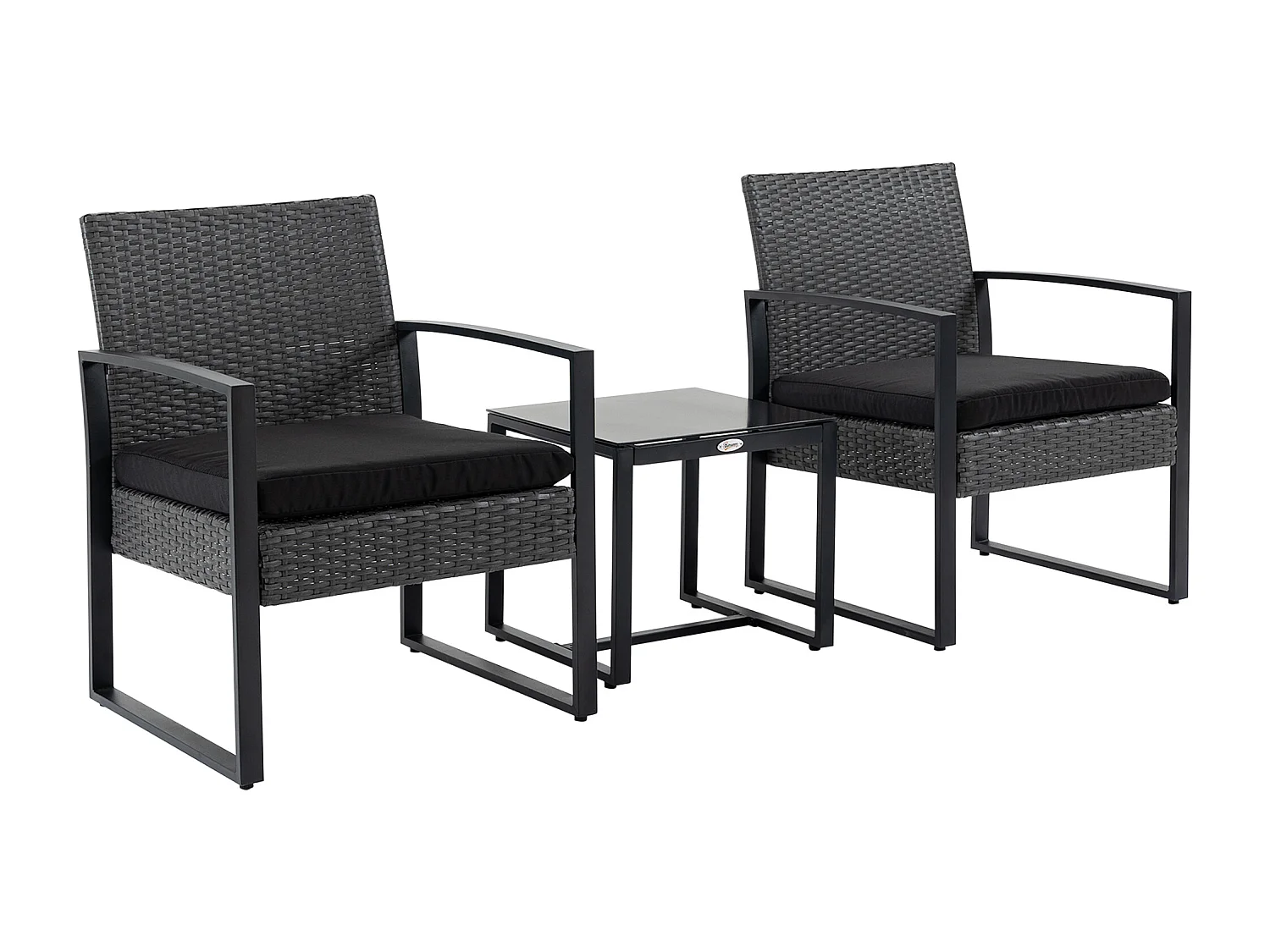 Salon de jardin 2 places 3 pièces 2 chaises avec coussins + table basse plateau verre trempé résine tressée aspect rotin noir