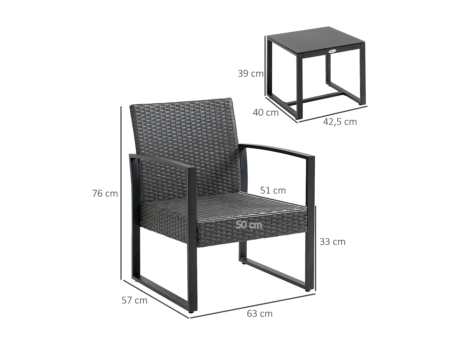 Salon de jardin 2 places 3 pièces 2 chaises avec coussins + table basse plateau verre trempé résine tressée aspect rotin noir