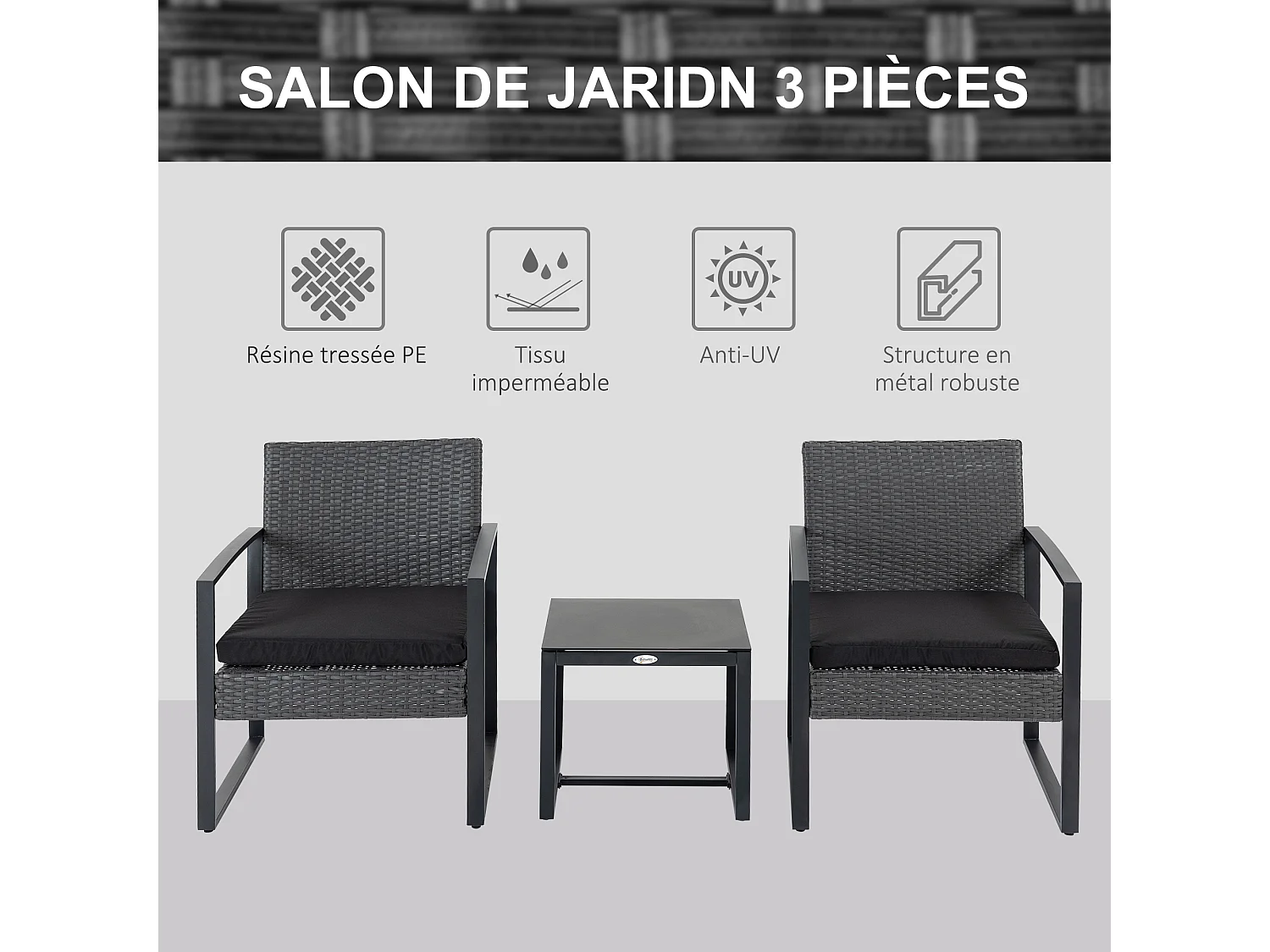 Salon de jardin 2 places 3 pièces 2 chaises avec coussins + table basse plateau verre trempé résine tressée aspect rotin noir