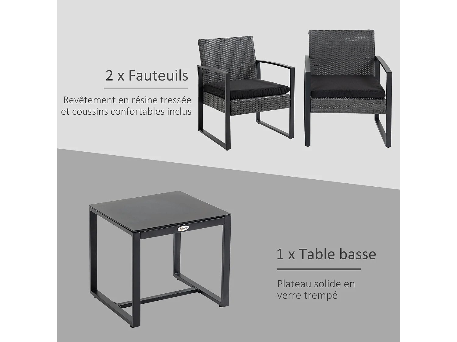 Salon de jardin 2 places 3 pièces 2 chaises avec coussins + table basse plateau verre trempé résine tressée aspect rotin noir