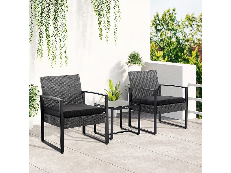 Salon de jardin 2 places 3 pièces 2 chaises avec coussins + table basse plateau verre trempé résine tressée aspect rotin noir