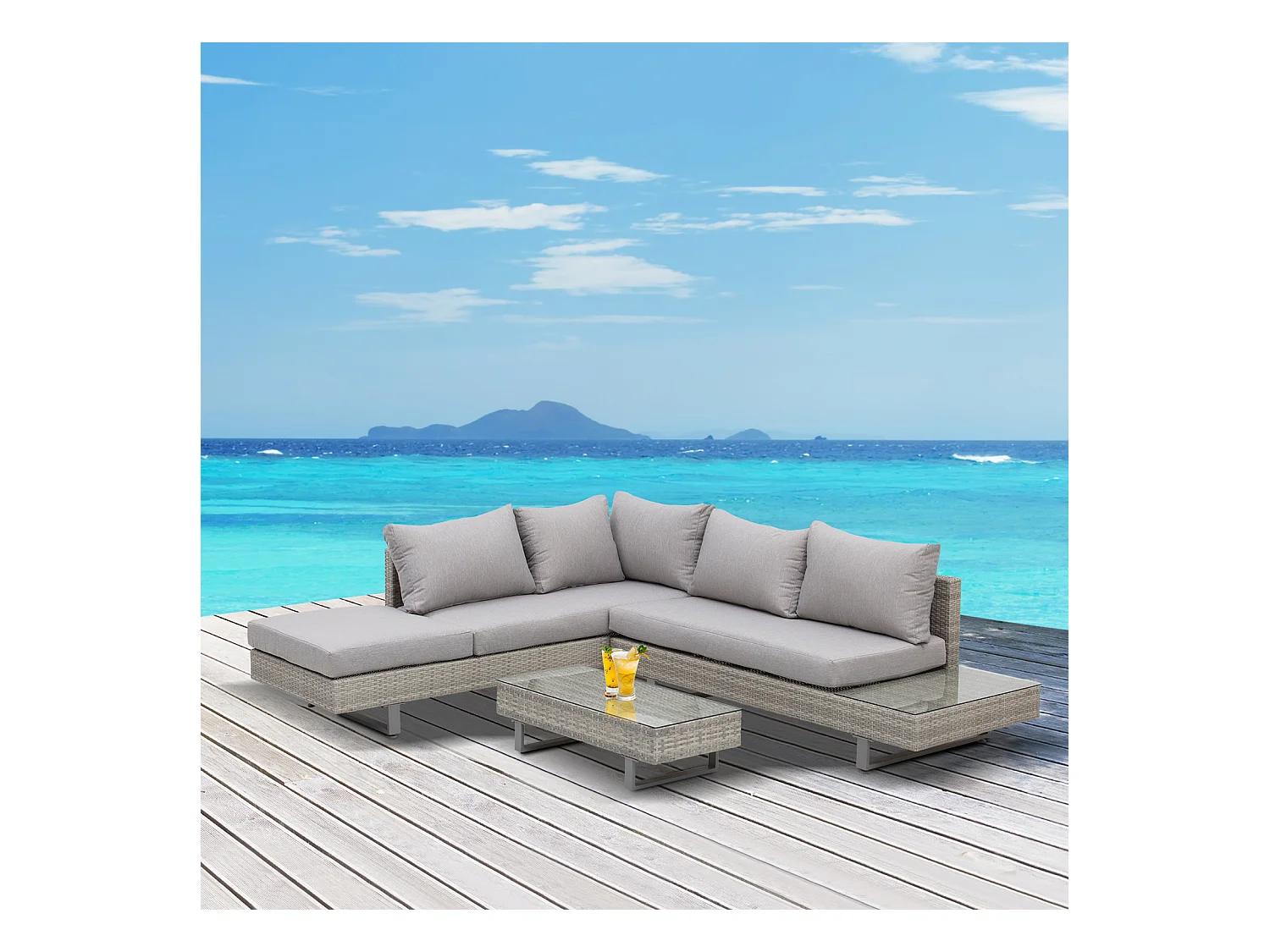 Ensemble salon de jardin d'angle 5 places design contemporain coussins déhoussables table basse acier époxy résine tressée grise