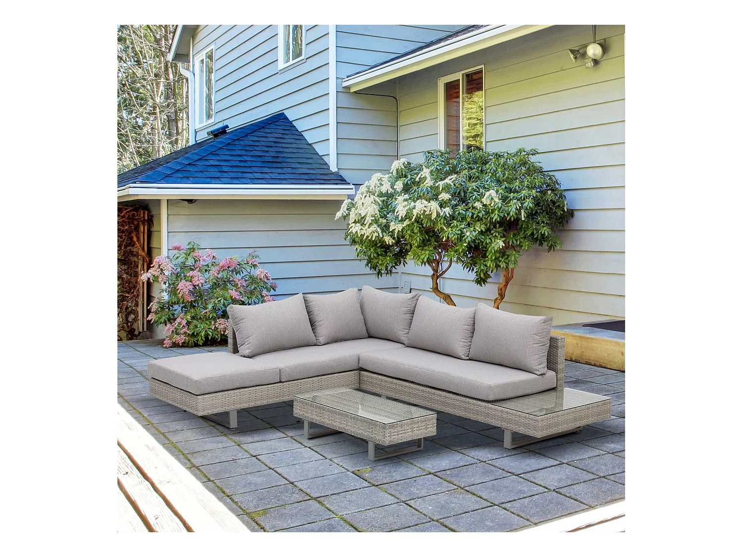 Ensemble salon de jardin d'angle 5 places design contemporain coussins déhoussables table basse acier époxy résine tressée grise