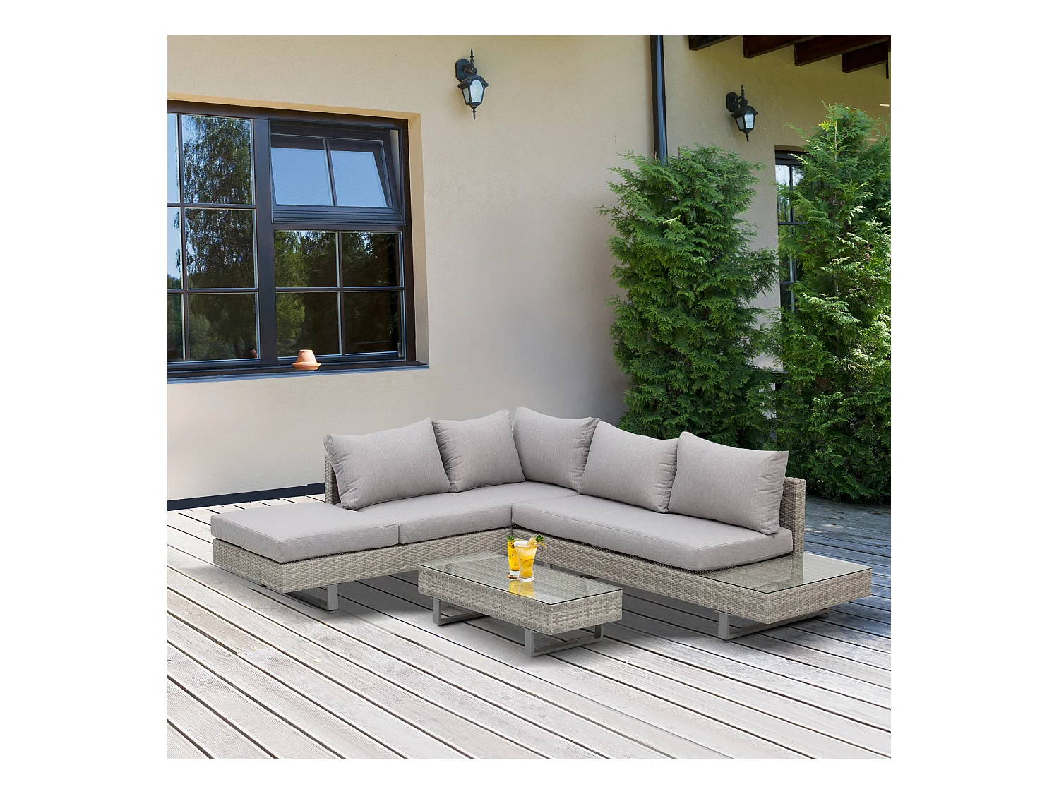 Ensemble salon de jardin d'angle 5 places design contemporain coussins déhoussables table basse acier époxy résine tressée grise